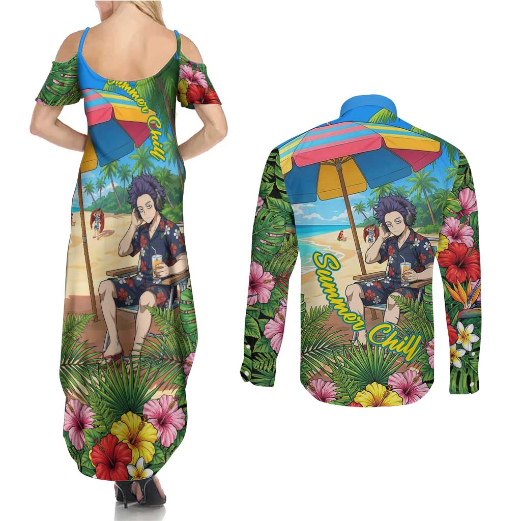 Hitoshi Shinso Summer Chill Couples Matching Summer Maxi Dress and Long Sleeve Button Shirt Tropical Anime Lounge Scene