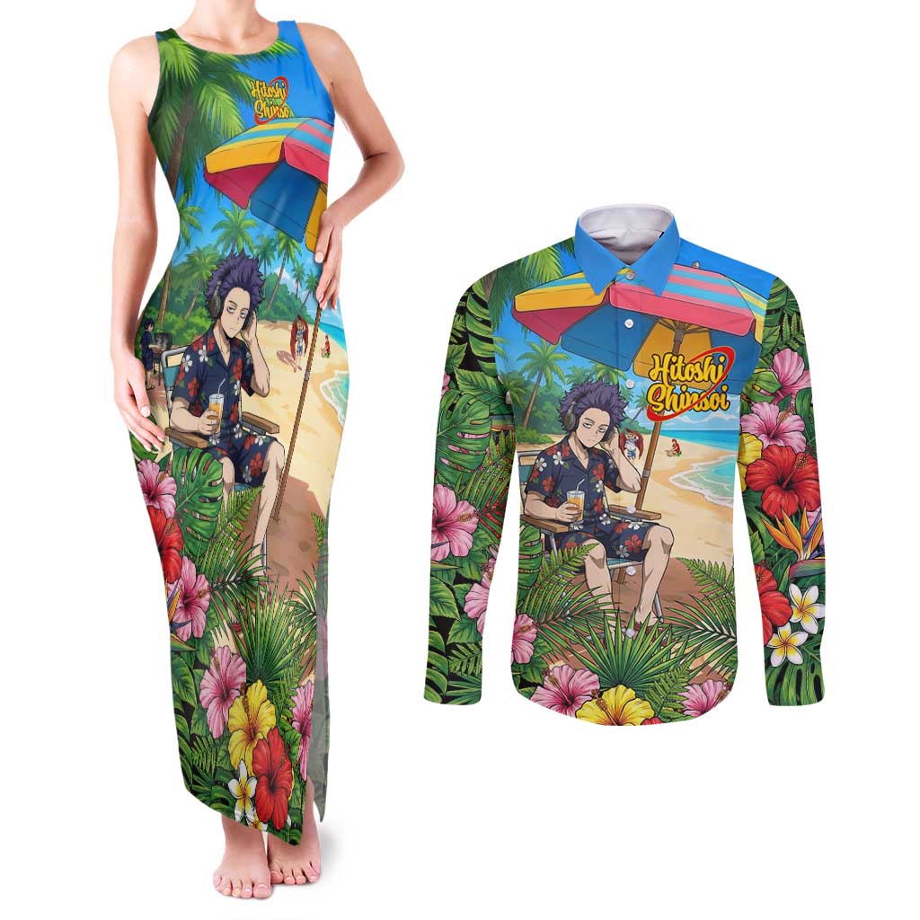 Hitoshi Shinso Summer Chill Couples Matching Tank Maxi Dress and Long Sleeve Button Shirt Tropical Anime Lounge Scene