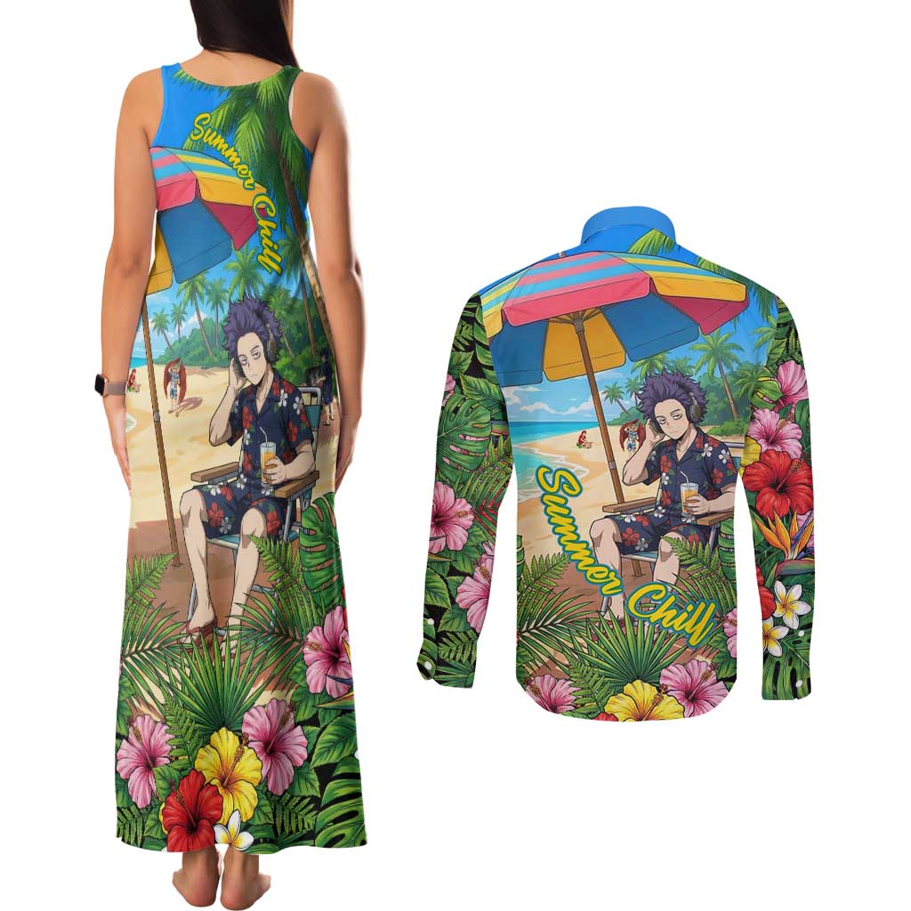 Hitoshi Shinso Summer Chill Couples Matching Tank Maxi Dress and Long Sleeve Button Shirt Tropical Anime Lounge Scene