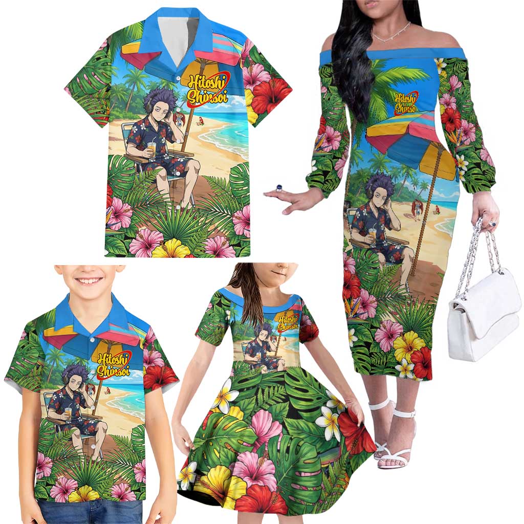 Hitoshi Shinso Summer Chill Family Matching Off The Shoulder Long Sleeve Dress and Hawaiian Shirt Tropical Anime Lounge Scene