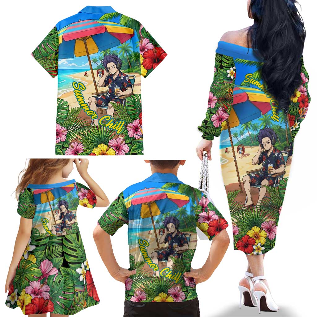 Hitoshi Shinso Summer Chill Family Matching Off The Shoulder Long Sleeve Dress and Hawaiian Shirt Tropical Anime Lounge Scene