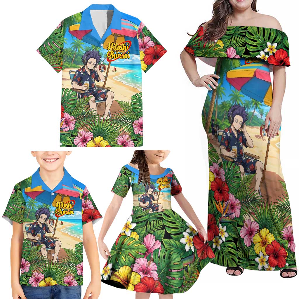 Hitoshi Shinso Summer Chill Family Matching Off Shoulder Maxi Dress and Hawaiian Shirt Tropical Anime Lounge Scene