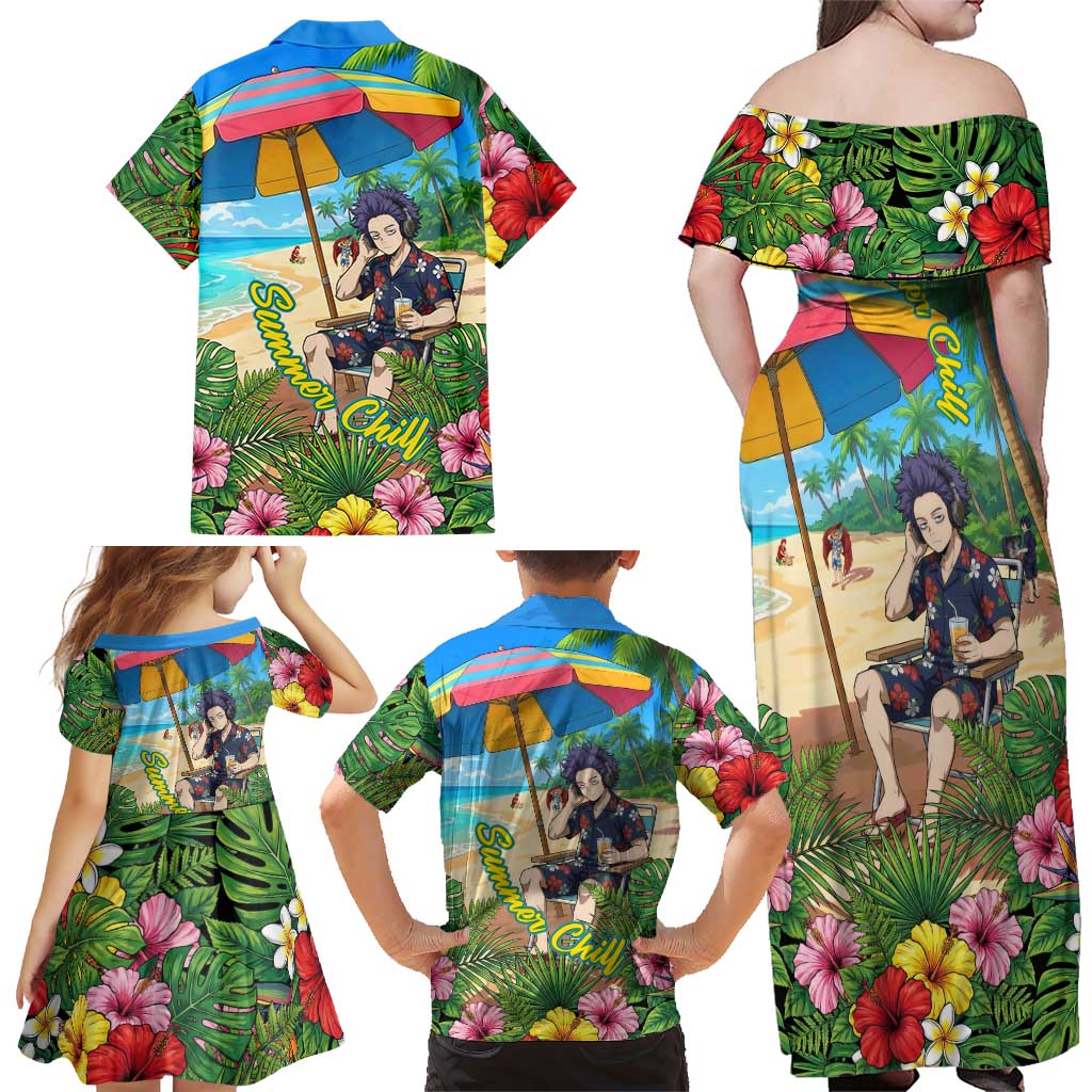 Hitoshi Shinso Summer Chill Family Matching Off Shoulder Maxi Dress and Hawaiian Shirt Tropical Anime Lounge Scene