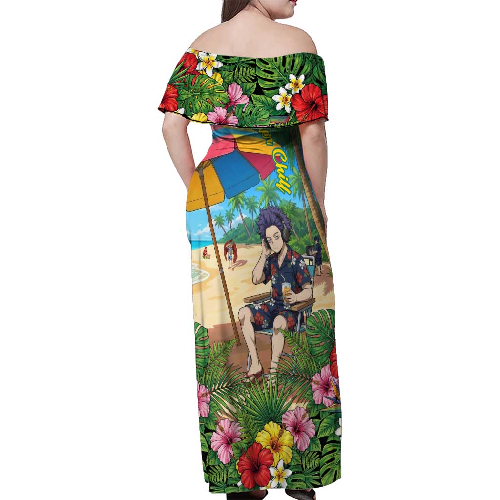 Hitoshi Shinso Summer Chill Family Matching Off Shoulder Maxi Dress and Hawaiian Shirt Tropical Anime Lounge Scene