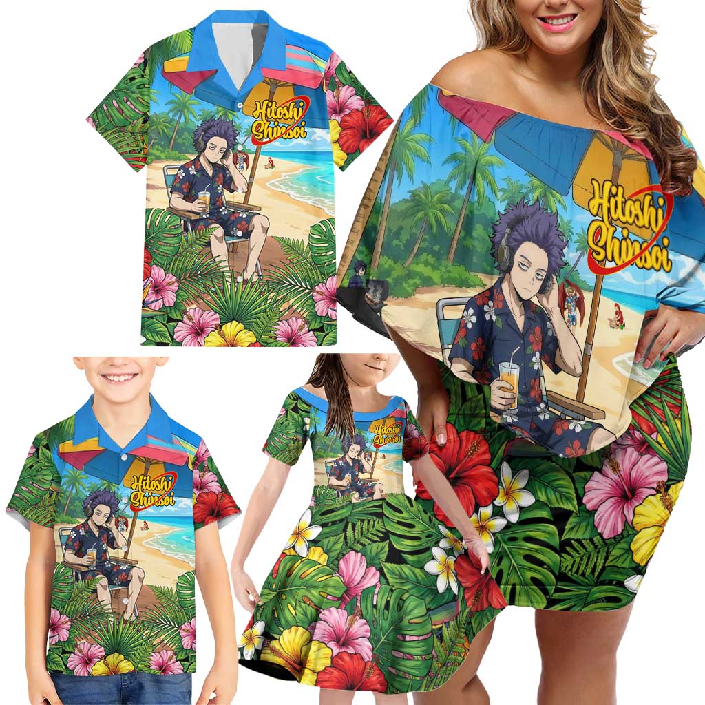 Hitoshi Shinso Summer Chill Family Matching Off Shoulder Short Dress and Hawaiian Shirt Tropical Anime Lounge Scene