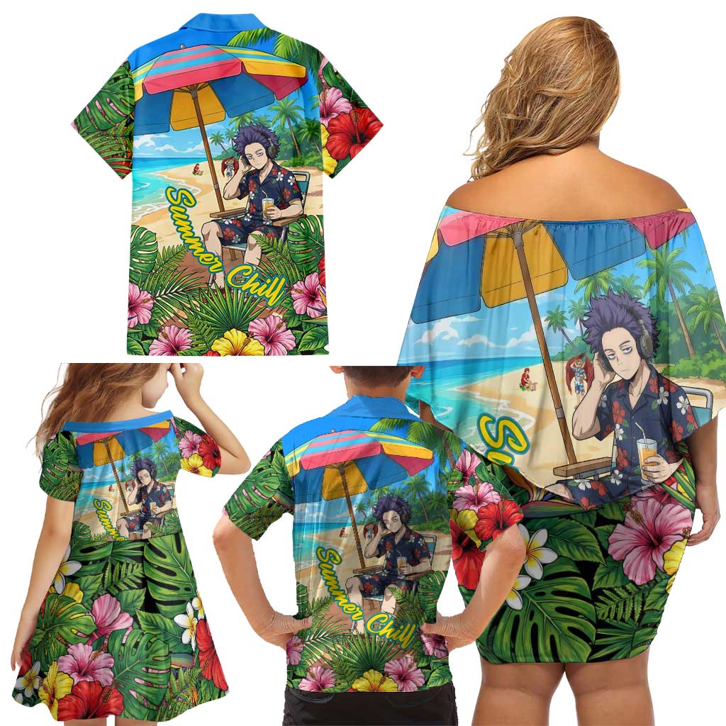 Hitoshi Shinso Summer Chill Family Matching Off Shoulder Short Dress and Hawaiian Shirt Tropical Anime Lounge Scene
