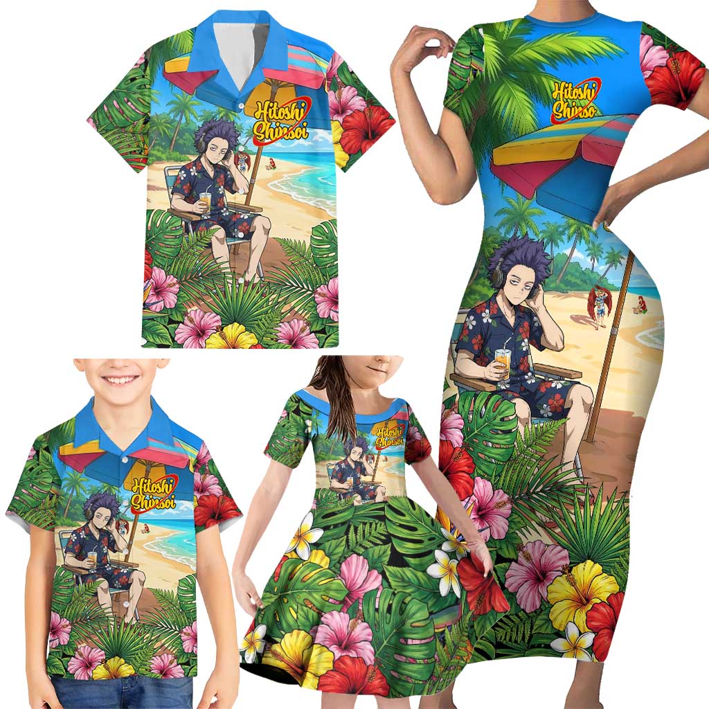 Hitoshi Shinso Summer Chill Family Matching Short Sleeve Bodycon Dress and Hawaiian Shirt Tropical Anime Lounge Scene