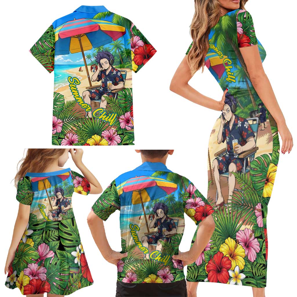 Hitoshi Shinso Summer Chill Family Matching Short Sleeve Bodycon Dress and Hawaiian Shirt Tropical Anime Lounge Scene