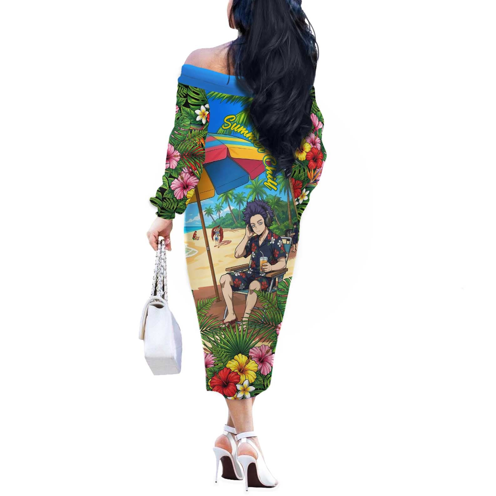 Hitoshi Shinso Summer Chill Off The Shoulder Long Sleeve Dress Tropical Anime Lounge Scene