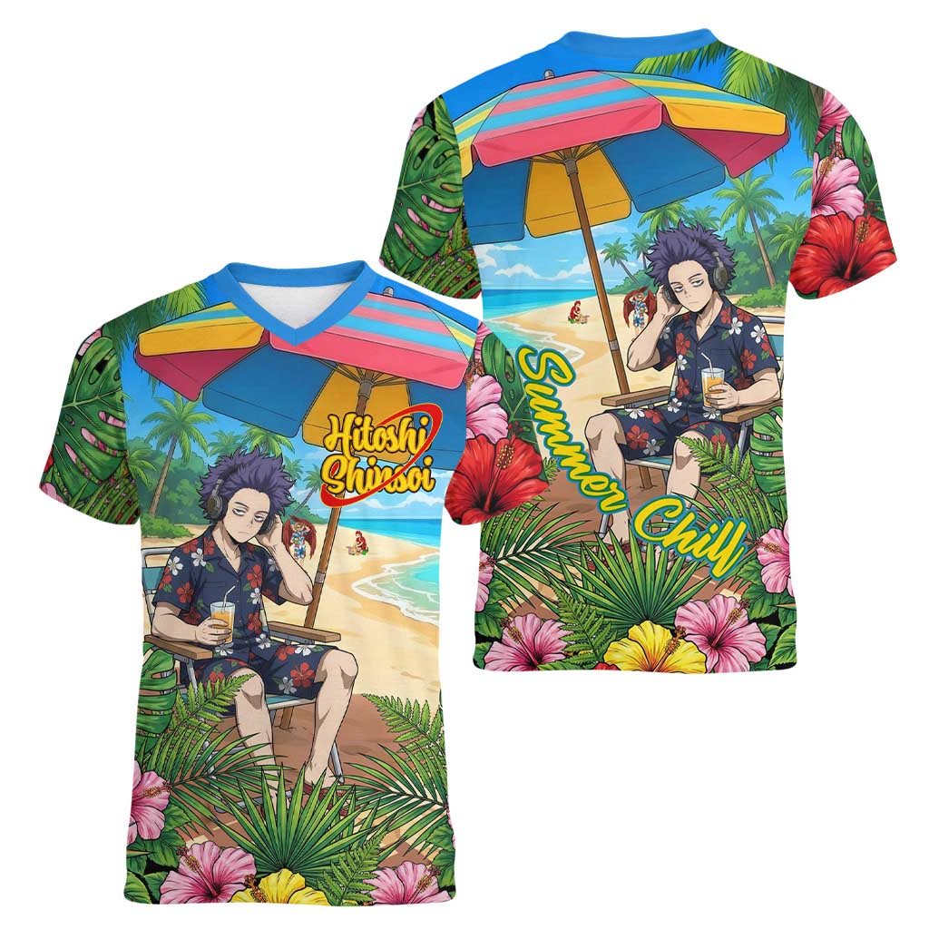 Hitoshi Shinso Summer Chill Women V-Neck T-Shirt Tropical Anime Lounge Scene