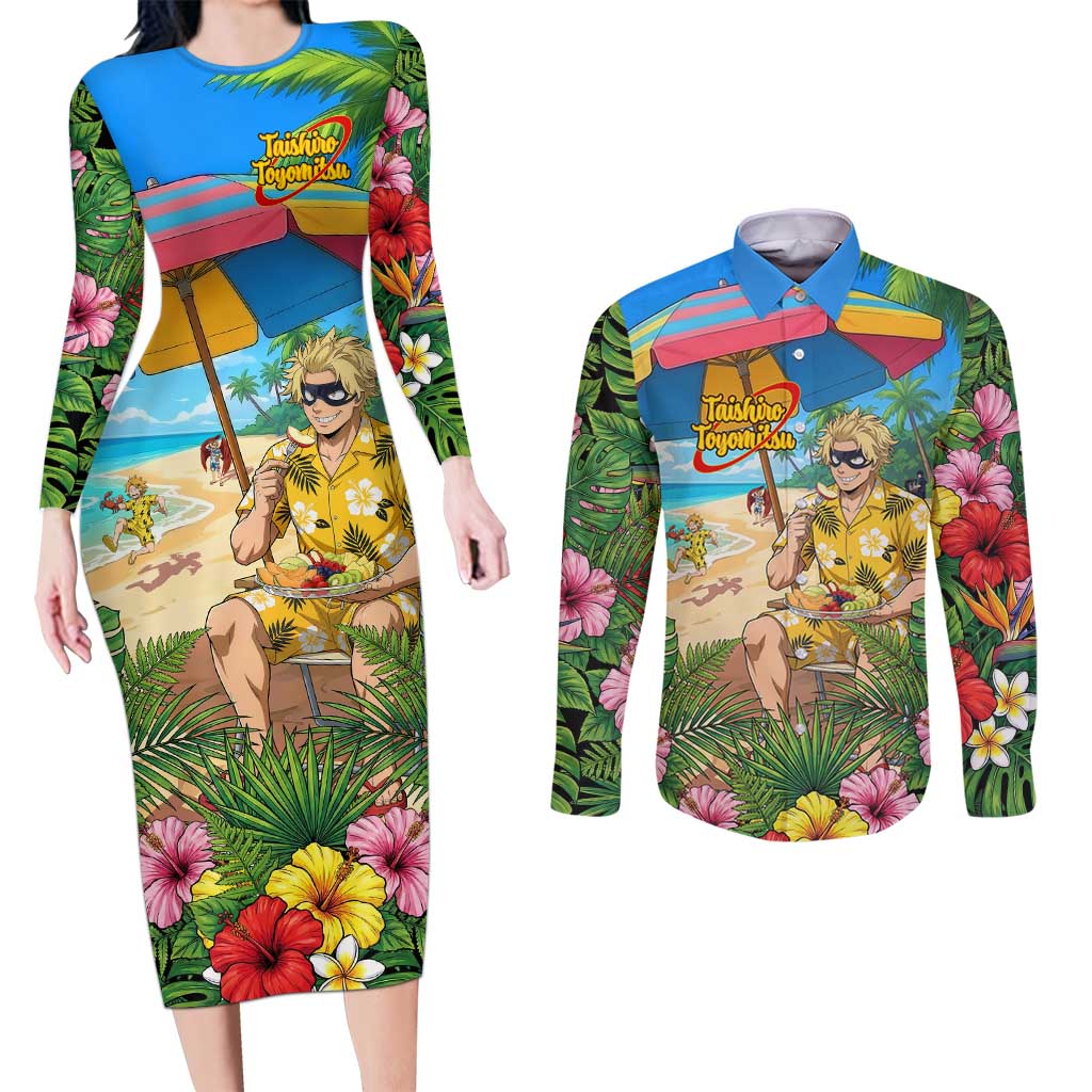 Taishiro Toyomitsu Summer Chill Couples Matching Long Sleeve Bodycon Dress and Long Sleeve Button Shirt Tropical Anime Picnic Scene