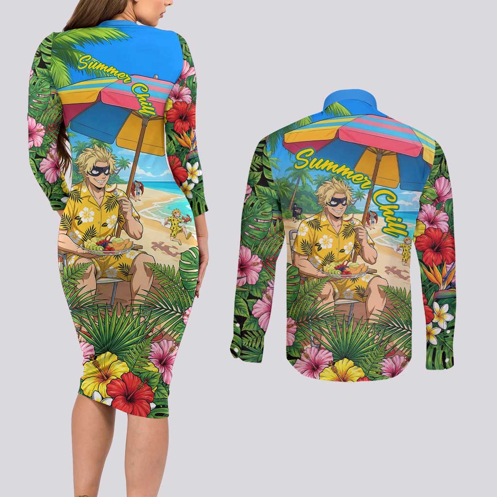 Taishiro Toyomitsu Summer Chill Couples Matching Long Sleeve Bodycon Dress and Long Sleeve Button Shirt Tropical Anime Picnic Scene