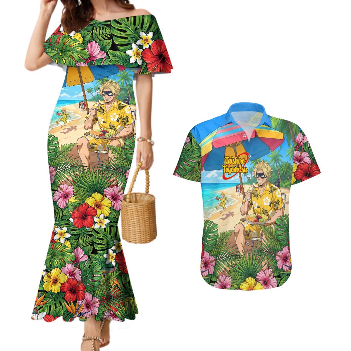 Taishiro Toyomitsu Summer Chill Couples Matching Mermaid Dress and Hawaiian Shirt Tropical Anime Picnic Scene