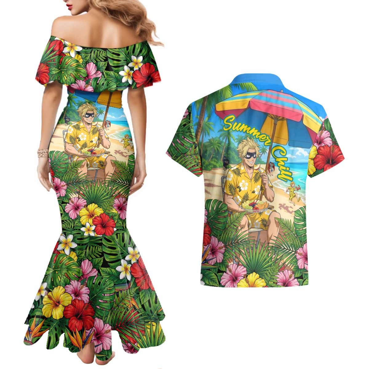 Taishiro Toyomitsu Summer Chill Couples Matching Mermaid Dress and Hawaiian Shirt Tropical Anime Picnic Scene