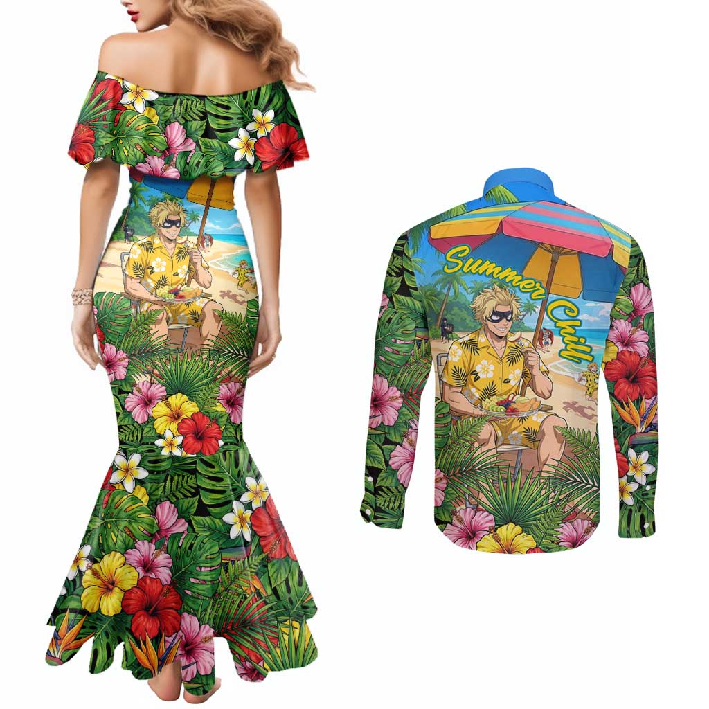 Taishiro Toyomitsu Summer Chill Couples Matching Mermaid Dress and Long Sleeve Button Shirt Tropical Anime Picnic Scene