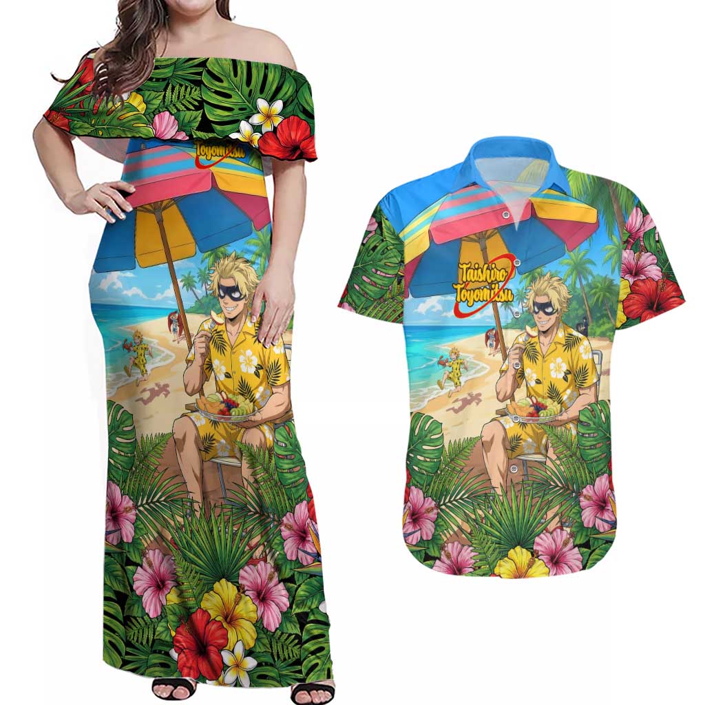 Taishiro Toyomitsu Summer Chill Couples Matching Off Shoulder Maxi Dress and Hawaiian Shirt Tropical Anime Picnic Scene