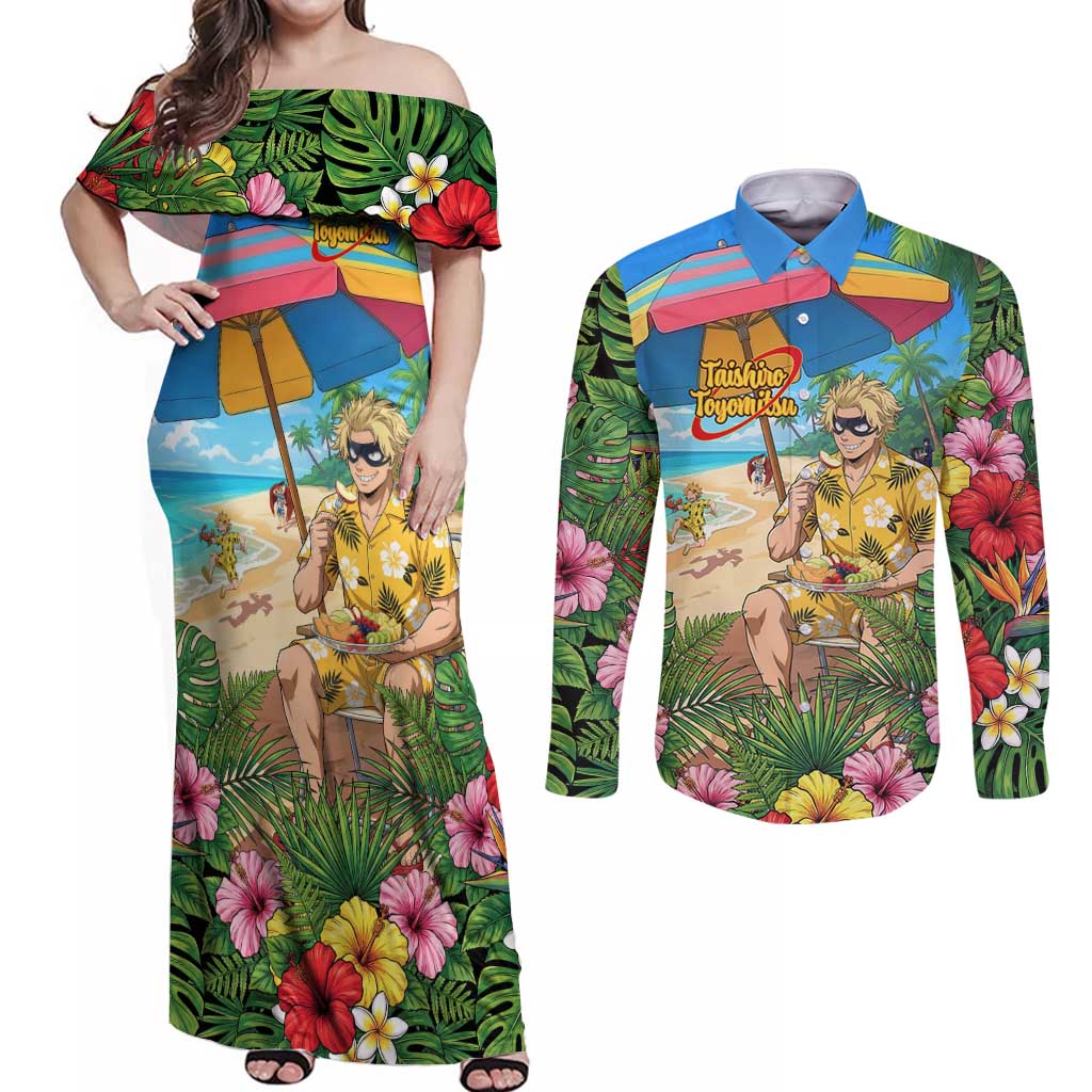 Taishiro Toyomitsu Summer Chill Couples Matching Off Shoulder Maxi Dress and Long Sleeve Button Shirt Tropical Anime Picnic Scene