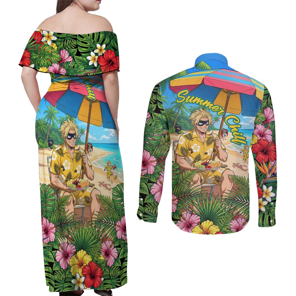 Taishiro Toyomitsu Summer Chill Couples Matching Off Shoulder Maxi Dress and Long Sleeve Button Shirt Tropical Anime Picnic Scene