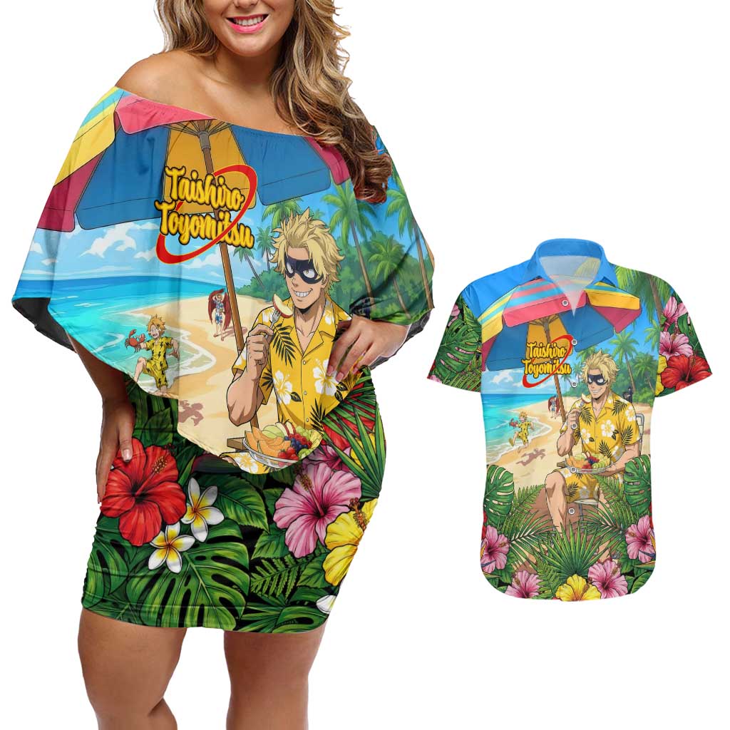 Taishiro Toyomitsu Summer Chill Couples Matching Off Shoulder Short Dress and Hawaiian Shirt Tropical Anime Picnic Scene