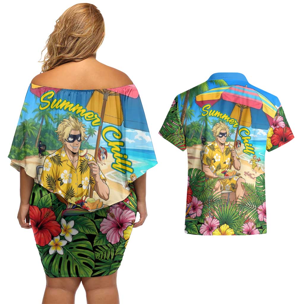 Taishiro Toyomitsu Summer Chill Couples Matching Off Shoulder Short Dress and Hawaiian Shirt Tropical Anime Picnic Scene