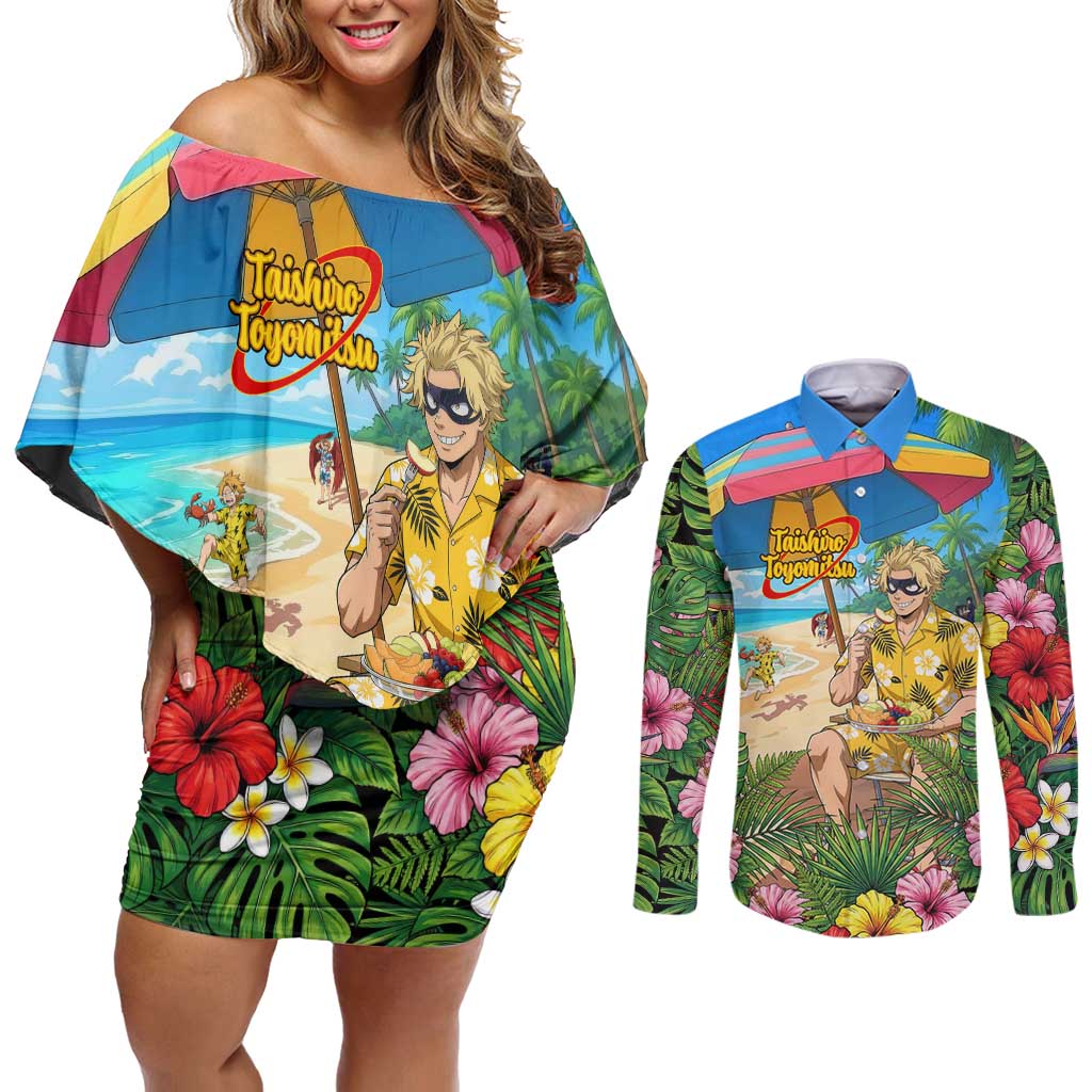 Taishiro Toyomitsu Summer Chill Couples Matching Off Shoulder Short Dress and Long Sleeve Button Shirt Tropical Anime Picnic Scene