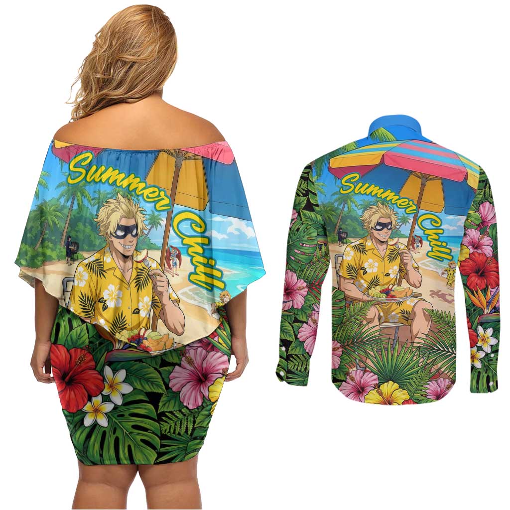 Taishiro Toyomitsu Summer Chill Couples Matching Off Shoulder Short Dress and Long Sleeve Button Shirt Tropical Anime Picnic Scene