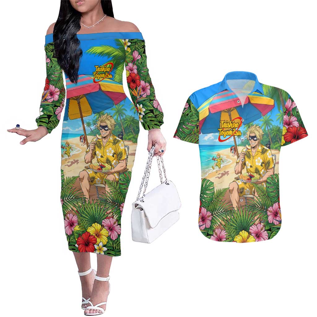 Taishiro Toyomitsu Summer Chill Couples Matching Off The Shoulder Long Sleeve Dress and Hawaiian Shirt Tropical Anime Picnic Scene