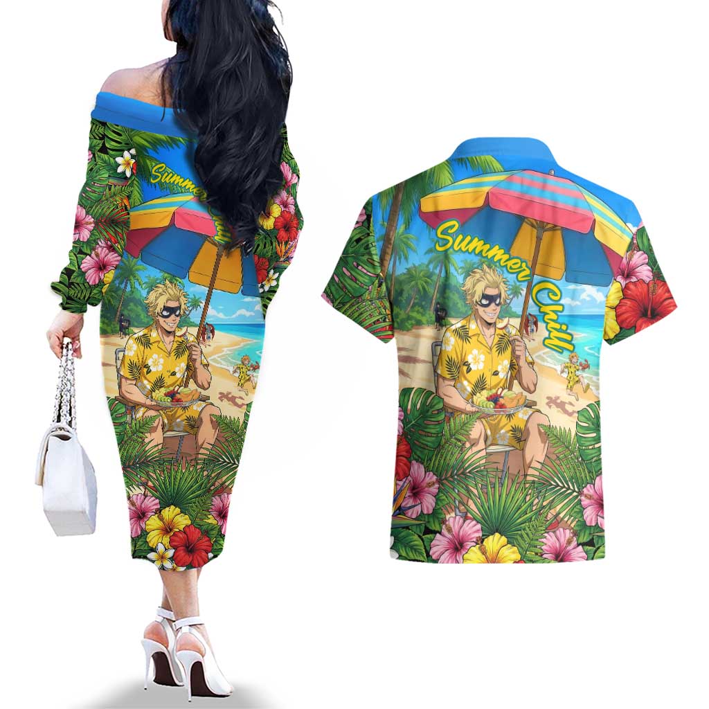 Taishiro Toyomitsu Summer Chill Couples Matching Off The Shoulder Long Sleeve Dress and Hawaiian Shirt Tropical Anime Picnic Scene