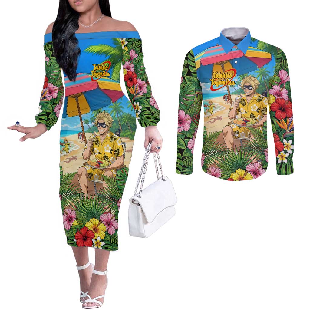 Taishiro Toyomitsu Summer Chill Couples Matching Off The Shoulder Long Sleeve Dress and Long Sleeve Button Shirt Tropical Anime Picnic Scene