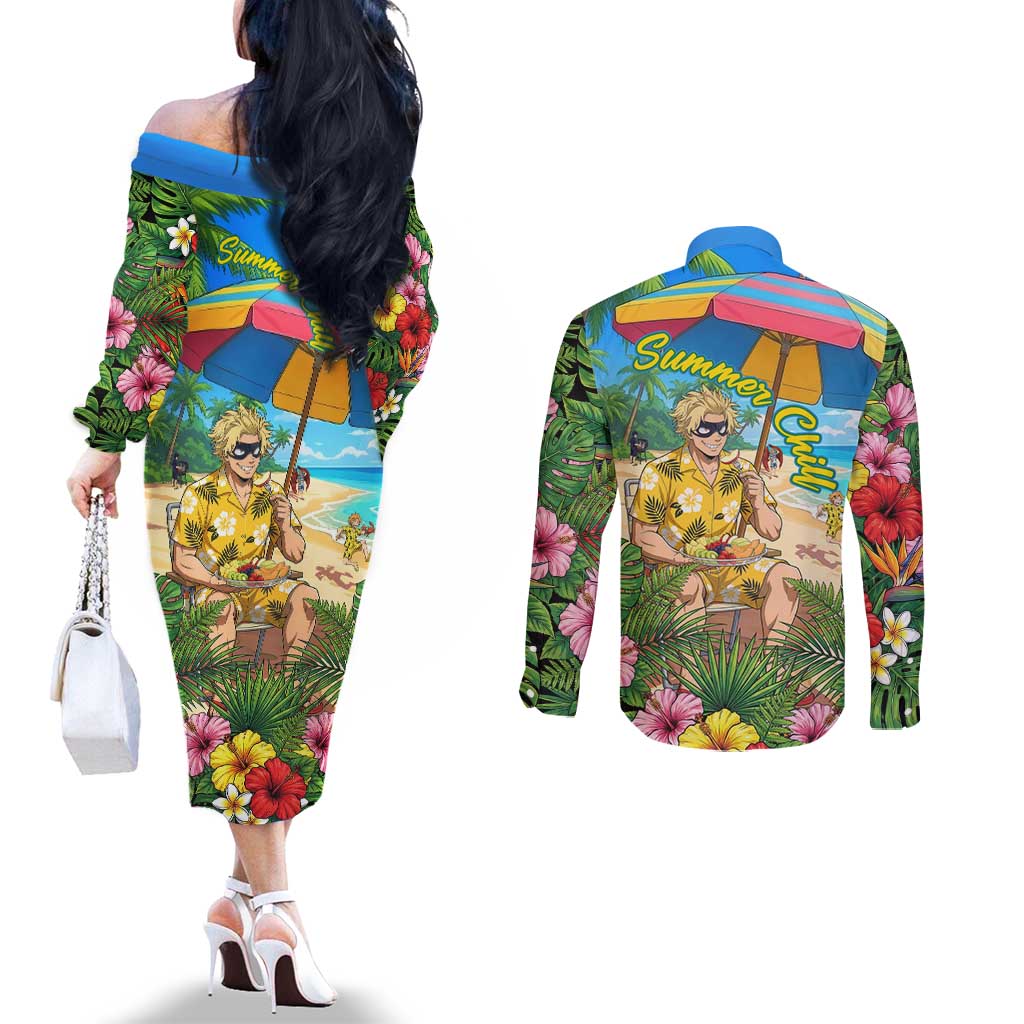Taishiro Toyomitsu Summer Chill Couples Matching Off The Shoulder Long Sleeve Dress and Long Sleeve Button Shirt Tropical Anime Picnic Scene