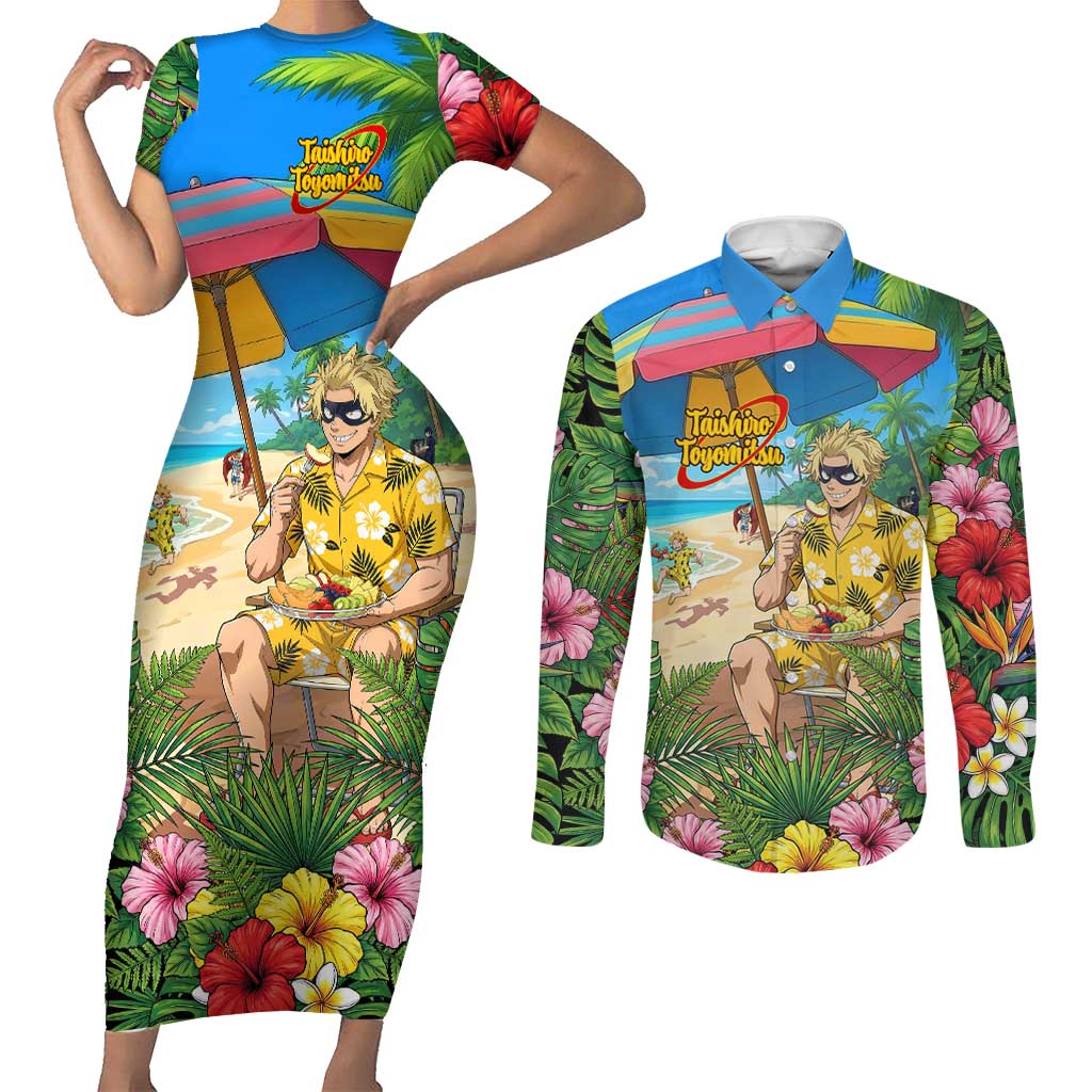 Taishiro Toyomitsu Summer Chill Couples Matching Short Sleeve Bodycon Dress and Long Sleeve Button Shirt Tropical Anime Picnic Scene