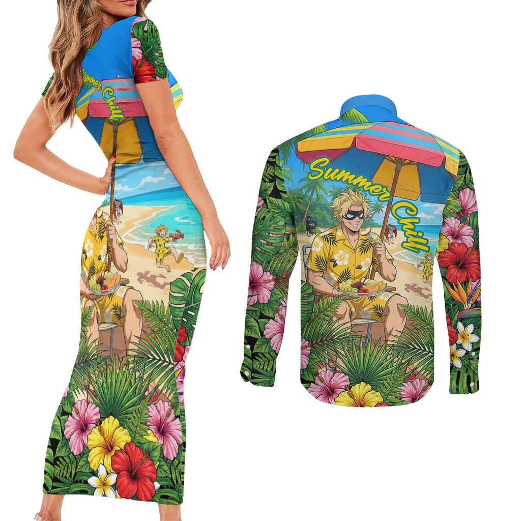 Taishiro Toyomitsu Summer Chill Couples Matching Short Sleeve Bodycon Dress and Long Sleeve Button Shirt Tropical Anime Picnic Scene