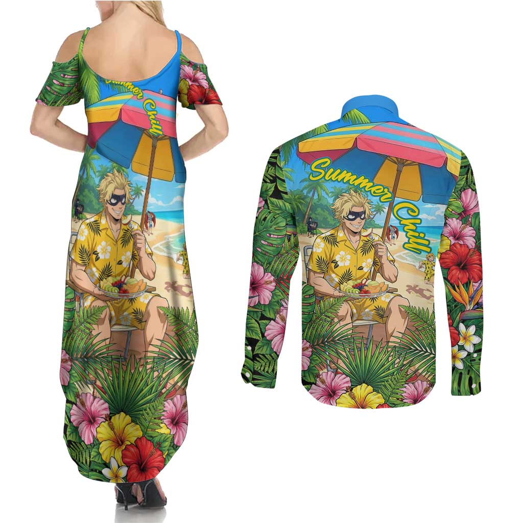 Taishiro Toyomitsu Summer Chill Couples Matching Summer Maxi Dress and Long Sleeve Button Shirt Tropical Anime Picnic Scene