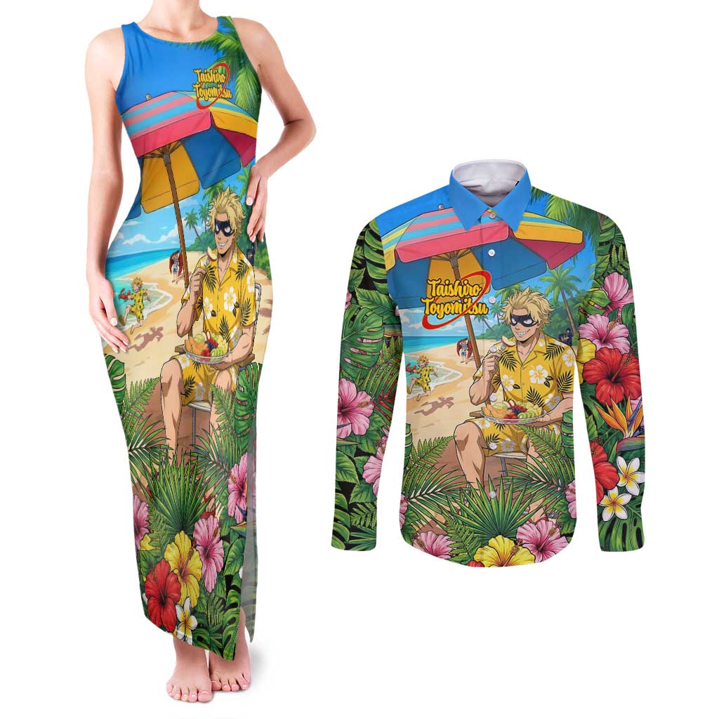 Taishiro Toyomitsu Summer Chill Couples Matching Tank Maxi Dress and Long Sleeve Button Shirt Tropical Anime Picnic Scene