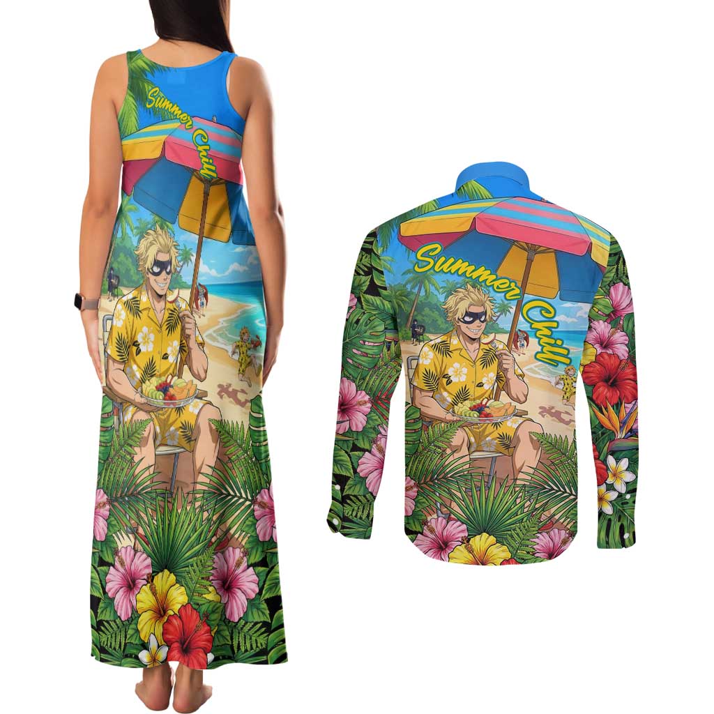 Taishiro Toyomitsu Summer Chill Couples Matching Tank Maxi Dress and Long Sleeve Button Shirt Tropical Anime Picnic Scene