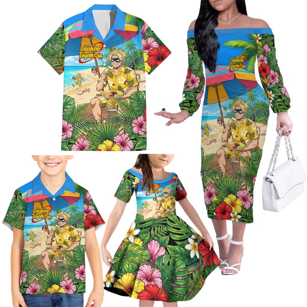Taishiro Toyomitsu Summer Chill Family Matching Off The Shoulder Long Sleeve Dress and Hawaiian Shirt Tropical Anime Picnic Scene