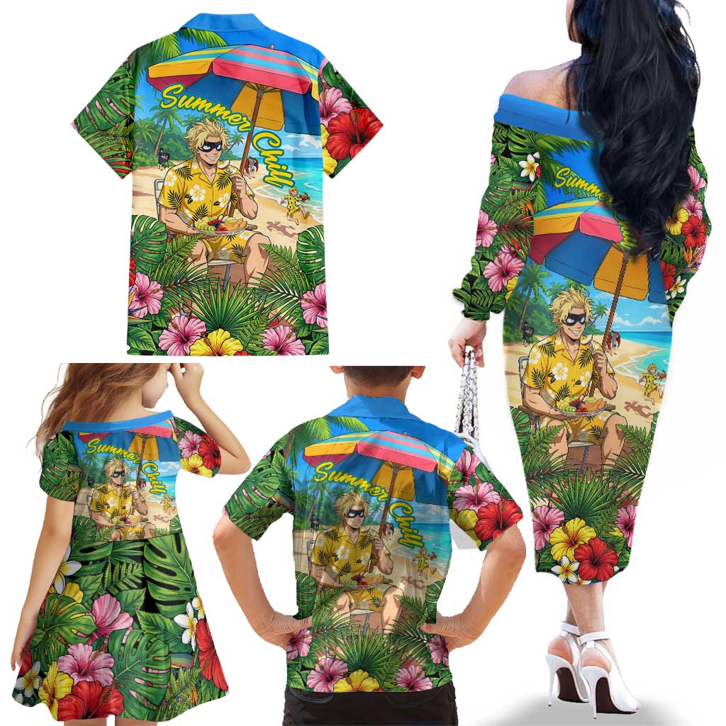 Taishiro Toyomitsu Summer Chill Family Matching Off The Shoulder Long Sleeve Dress and Hawaiian Shirt Tropical Anime Picnic Scene