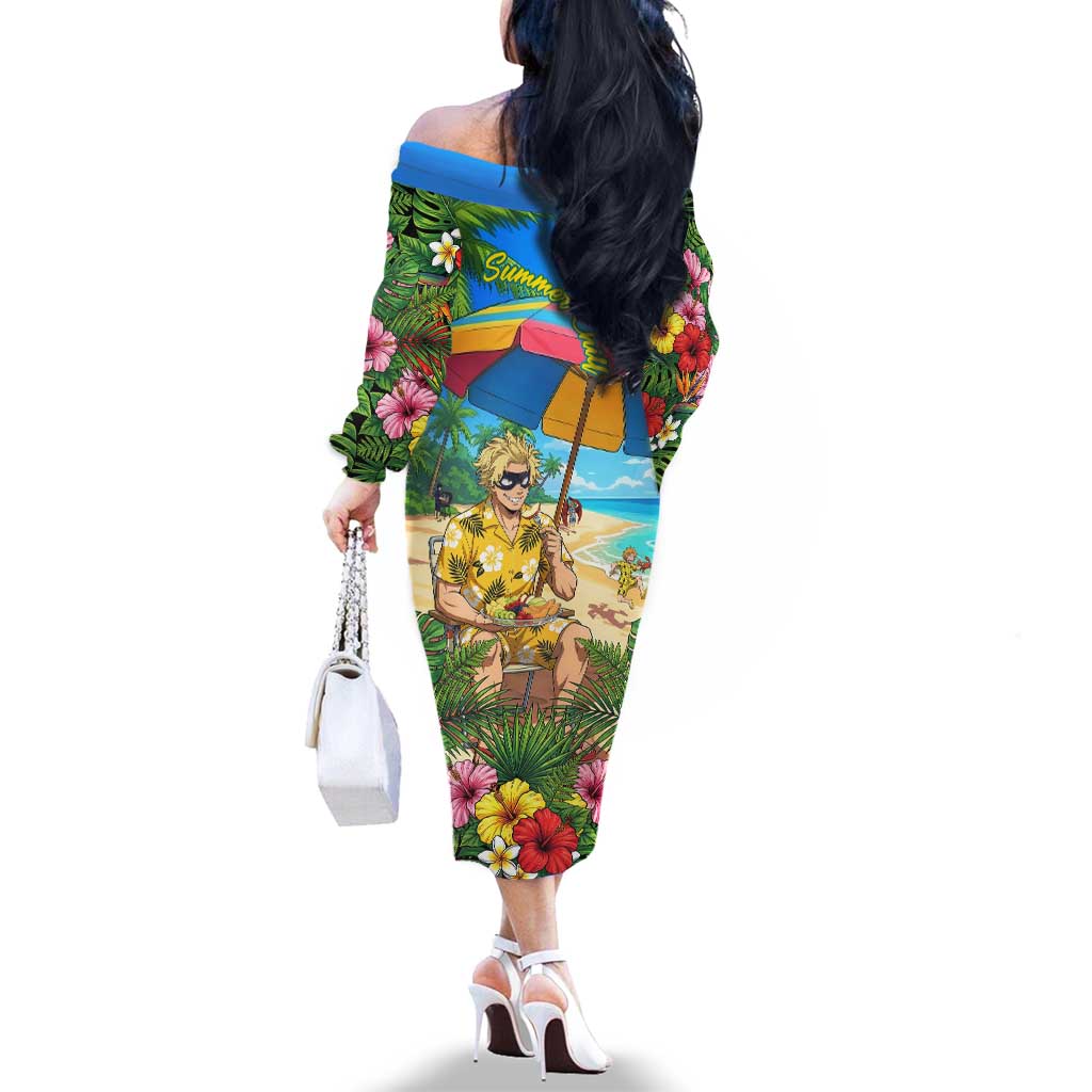 Taishiro Toyomitsu Summer Chill Family Matching Off The Shoulder Long Sleeve Dress and Hawaiian Shirt Tropical Anime Picnic Scene