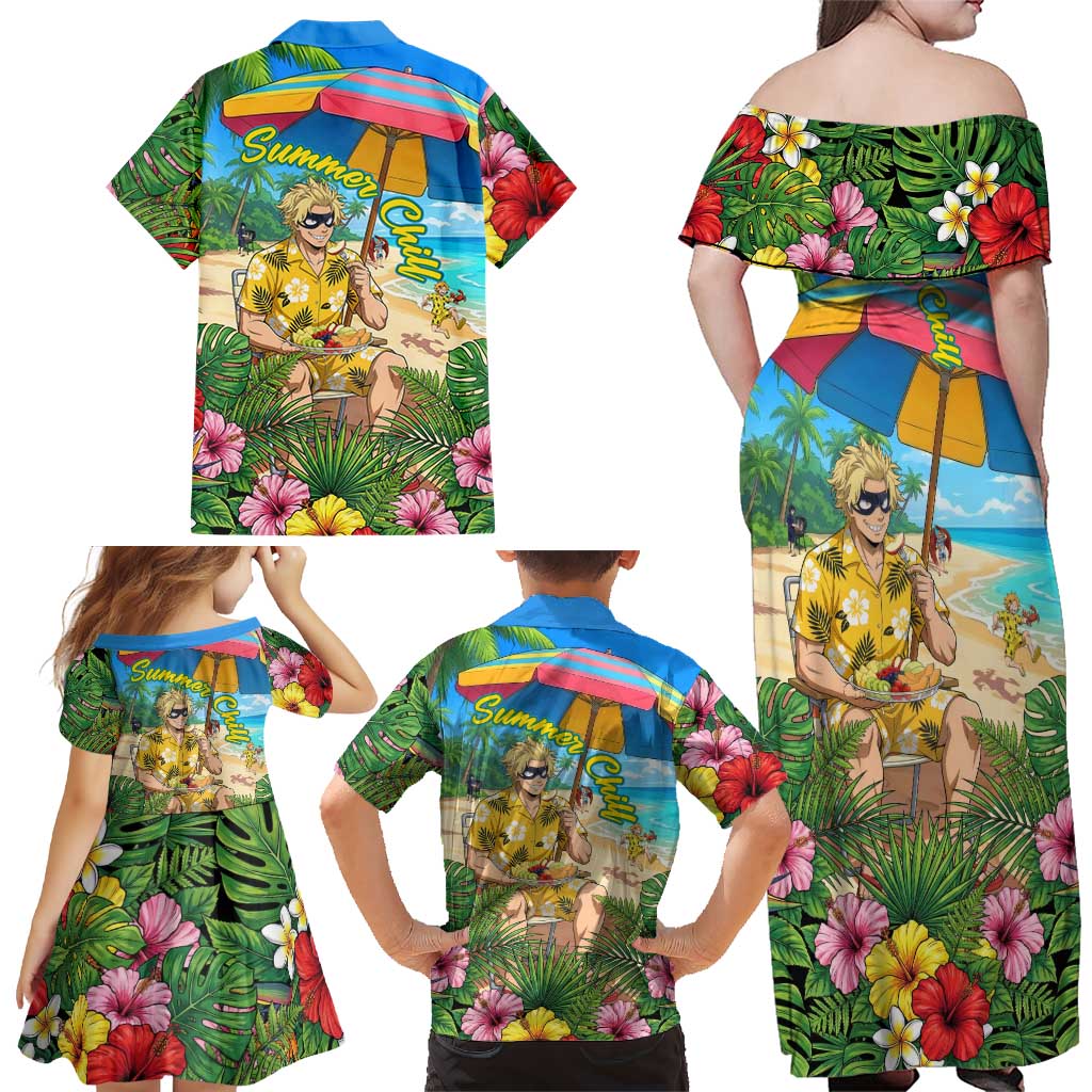 Taishiro Toyomitsu Summer Chill Family Matching Off Shoulder Maxi Dress and Hawaiian Shirt Tropical Anime Picnic Scene
