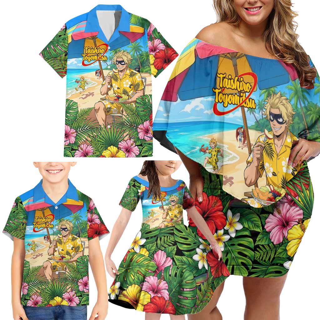 Taishiro Toyomitsu Summer Chill Family Matching Off Shoulder Short Dress and Hawaiian Shirt Tropical Anime Picnic Scene