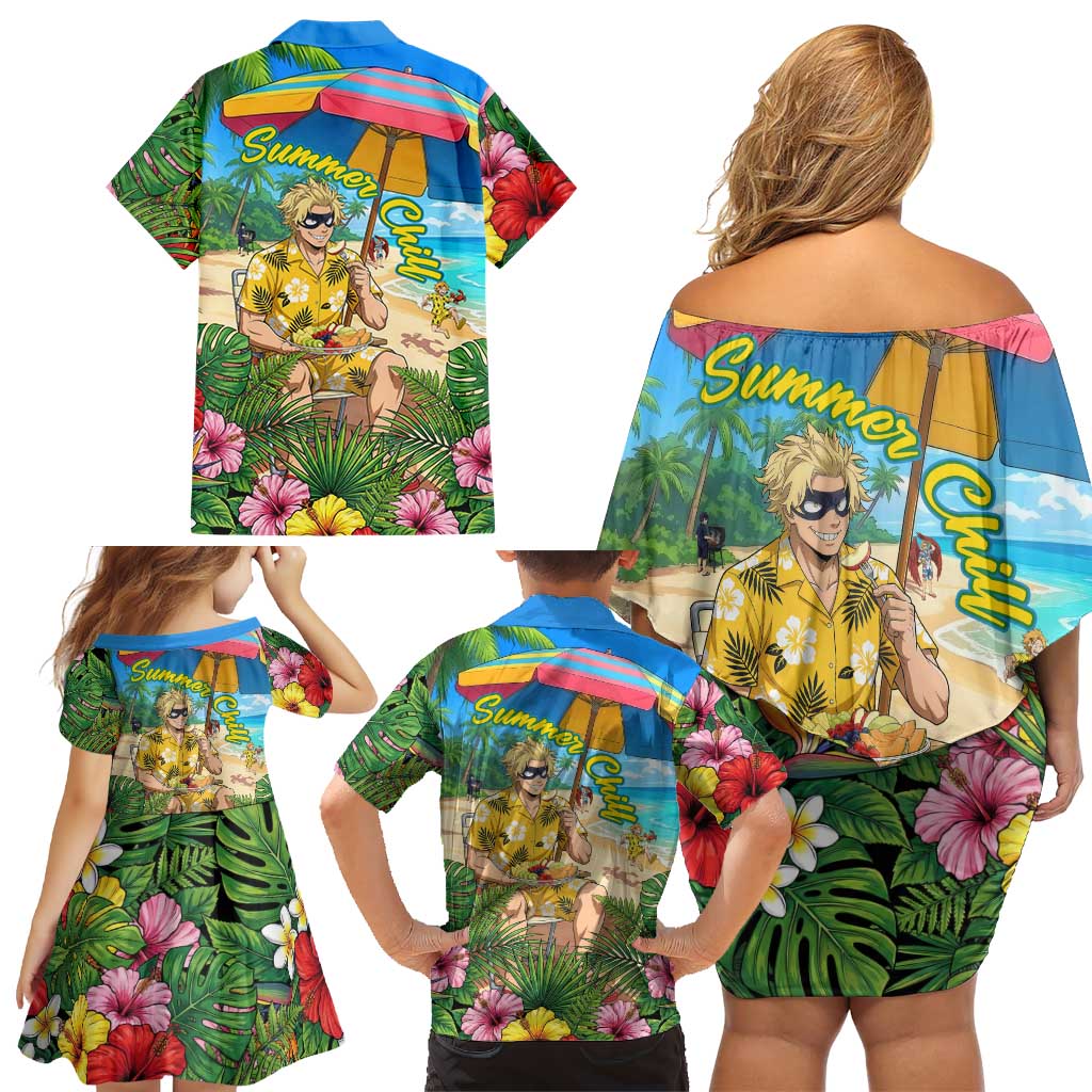 Taishiro Toyomitsu Summer Chill Family Matching Off Shoulder Short Dress and Hawaiian Shirt Tropical Anime Picnic Scene
