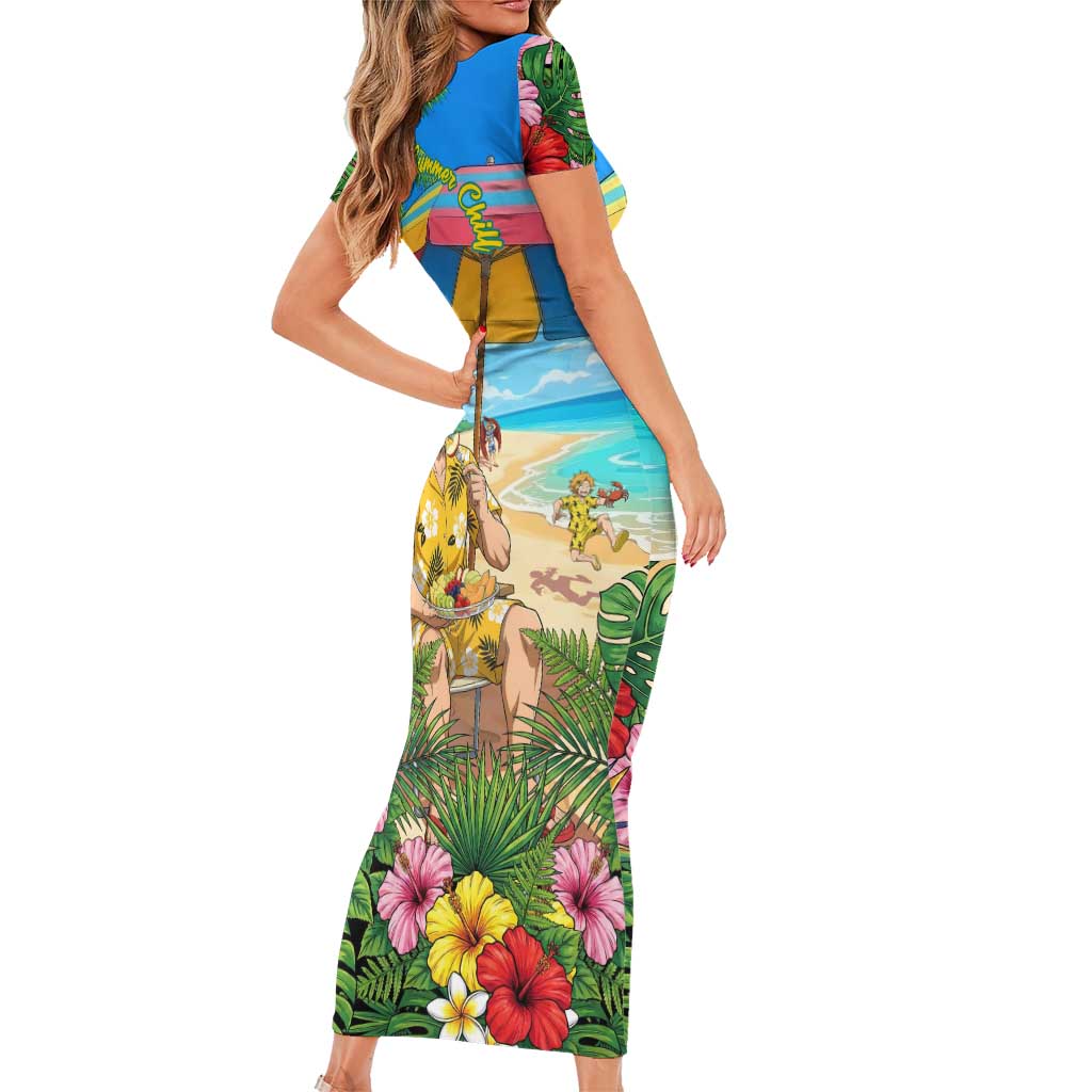 Taishiro Toyomitsu Summer Chill Family Matching Short Sleeve Bodycon Dress and Hawaiian Shirt Tropical Anime Picnic Scene