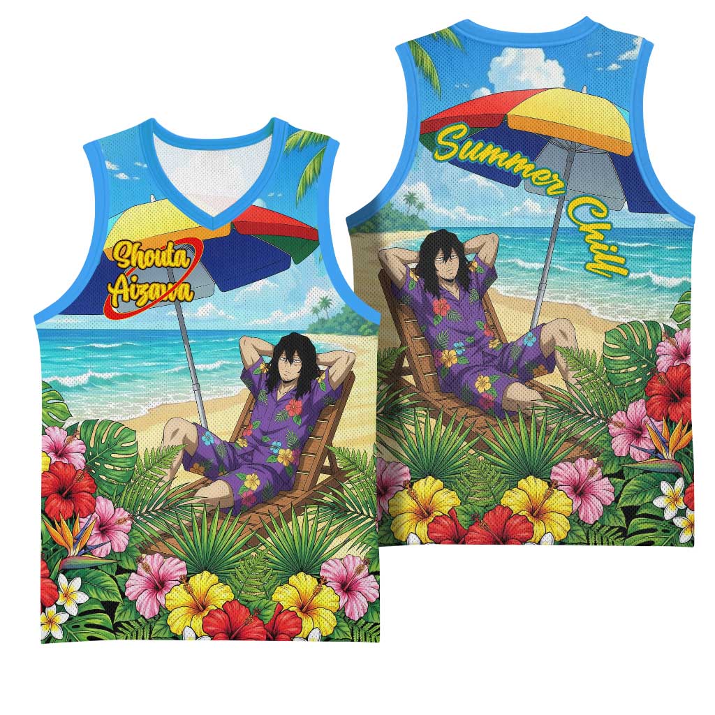 Shouta Aizawa Summer Chill Basketball Jersey Tropical Anime Relaxation Vibes