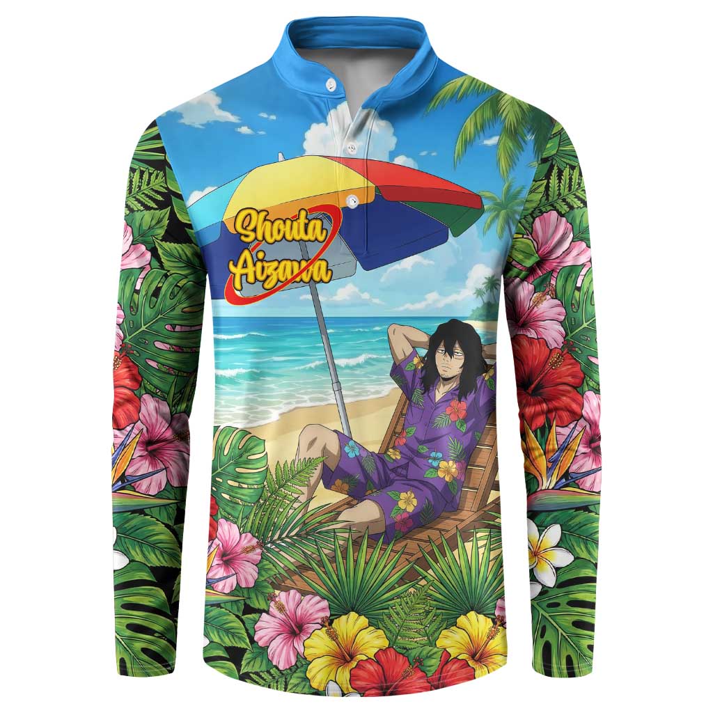 Shouta Aizawa Summer Chill Button Sweatshirt Tropical Anime Relaxation Vibes