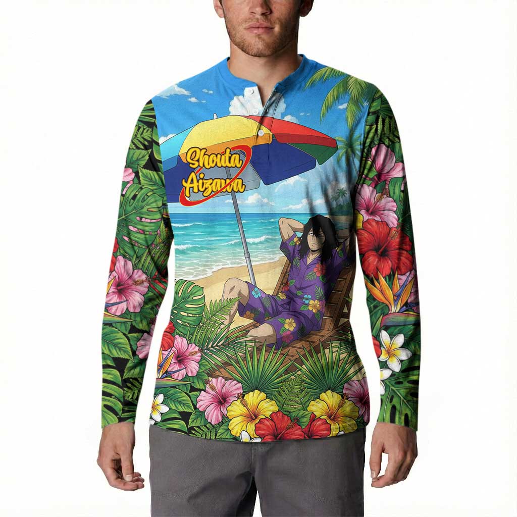 Shouta Aizawa Summer Chill Button Sweatshirt Tropical Anime Relaxation Vibes