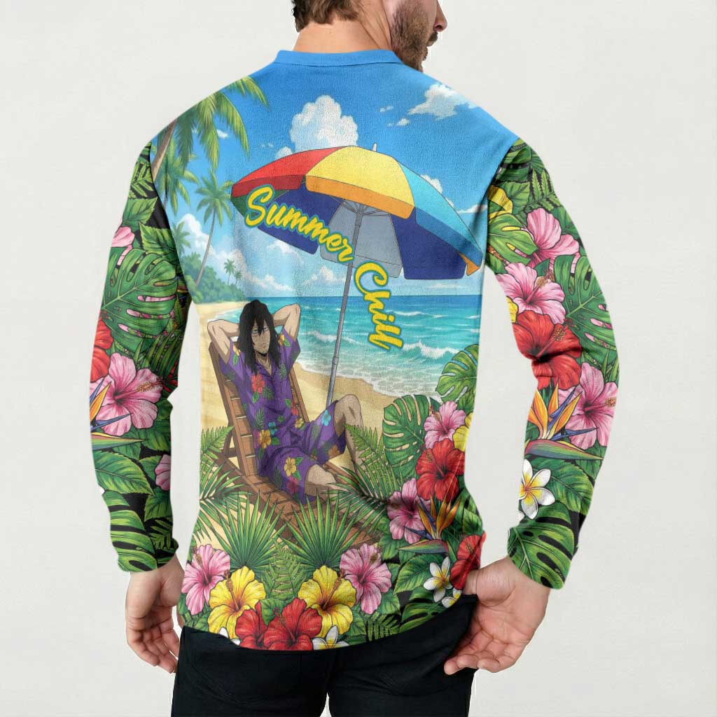 Shouta Aizawa Summer Chill Button Sweatshirt Tropical Anime Relaxation Vibes