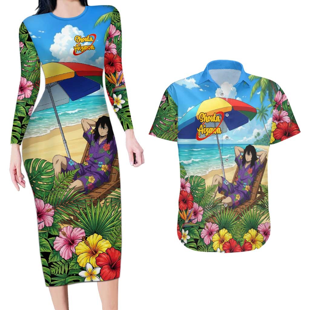 Shouta Aizawa Summer Chill Couples Matching Long Sleeve Bodycon Dress and Hawaiian Shirt Tropical Anime Relaxation Vibes