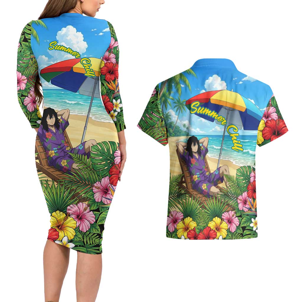 Shouta Aizawa Summer Chill Couples Matching Long Sleeve Bodycon Dress and Hawaiian Shirt Tropical Anime Relaxation Vibes