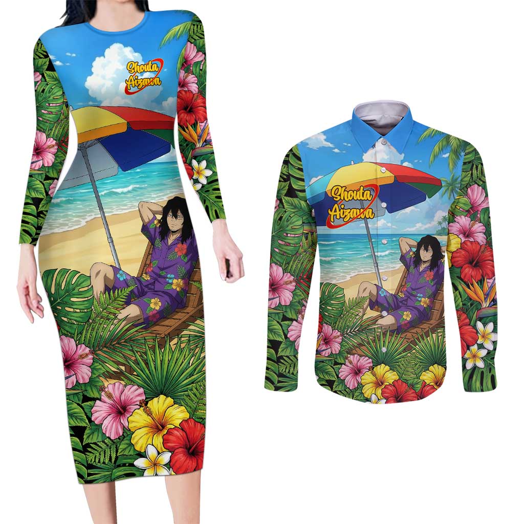 Shouta Aizawa Summer Chill Couples Matching Long Sleeve Bodycon Dress and Long Sleeve Button Shirt Tropical Anime Relaxation Vibes