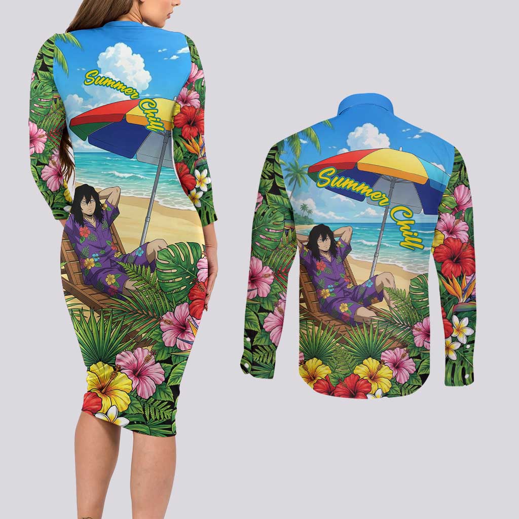 Shouta Aizawa Summer Chill Couples Matching Long Sleeve Bodycon Dress and Long Sleeve Button Shirt Tropical Anime Relaxation Vibes